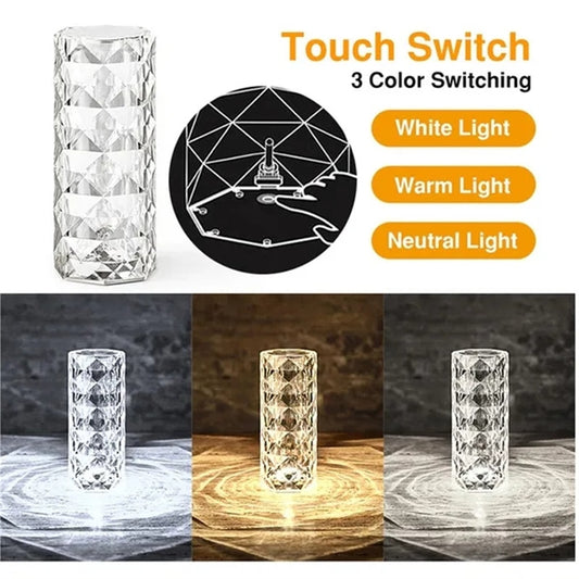 LED Kristall Bordslampa Rose Light Projektor 3/16 färger Touch Justerbar Romantisk Diamond Atmosphere Light USB Touch Nattljus
