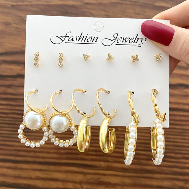 Vintage Geometry Pearl  Earring Set Heart Leopard For Women Girls Hoop Earrings Gold Metal Square Round  Party Jewelry for Woman
