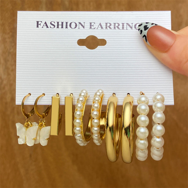 Vintage Geometry Pearl  Earring Set Heart Leopard For Women Girls Hoop Earrings Gold Metal Square Round  Party Jewelry for Woman