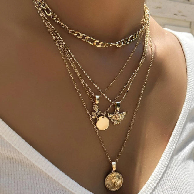 ZOVOLI Vintage Multi Layered Lock Portrait Pearl Round Coin Pendants Necklaces For Women Bohemia Gold Key Heart Long  Jewelry